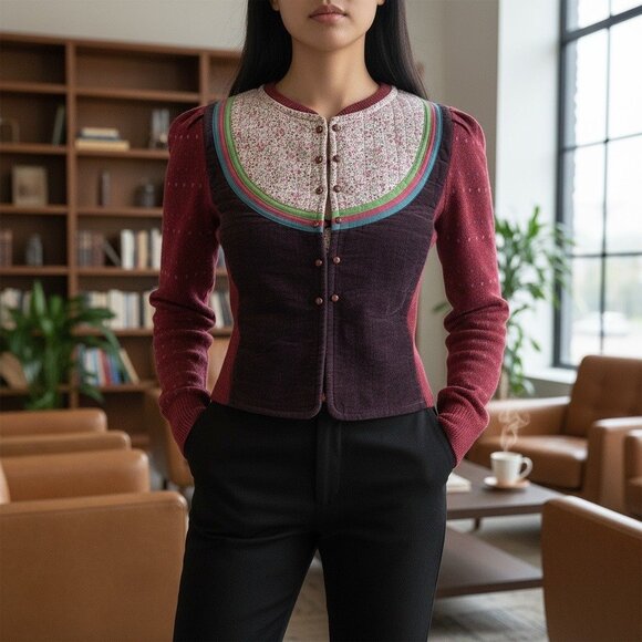 Moth Anthropologie Wool Blend Floral Yoke Cardigan Size Medium - Picture 2 of 16